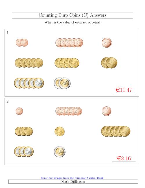 The Counting Small Collections of Euro Coins Sorted Version (C) Math Worksheet Page 2