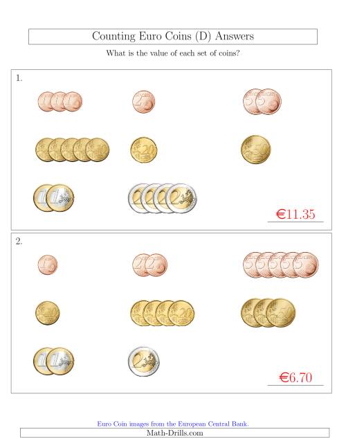 The Counting Small Collections of Euro Coins Sorted Version (D) Math Worksheet Page 2