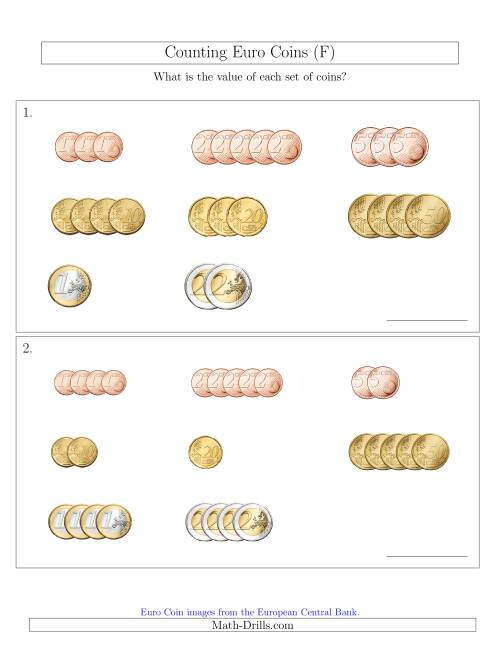 The Counting Small Collections of Euro Coins Sorted Version (F) Math Worksheet