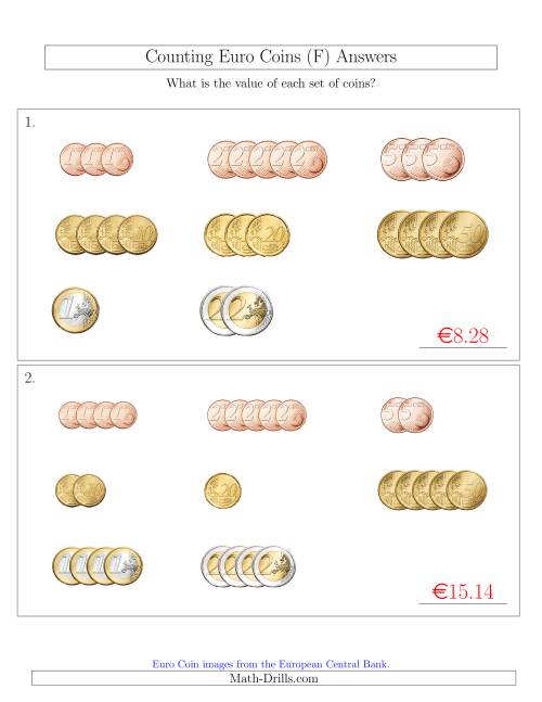 The Counting Small Collections of Euro Coins Sorted Version (F) Math Worksheet Page 2
