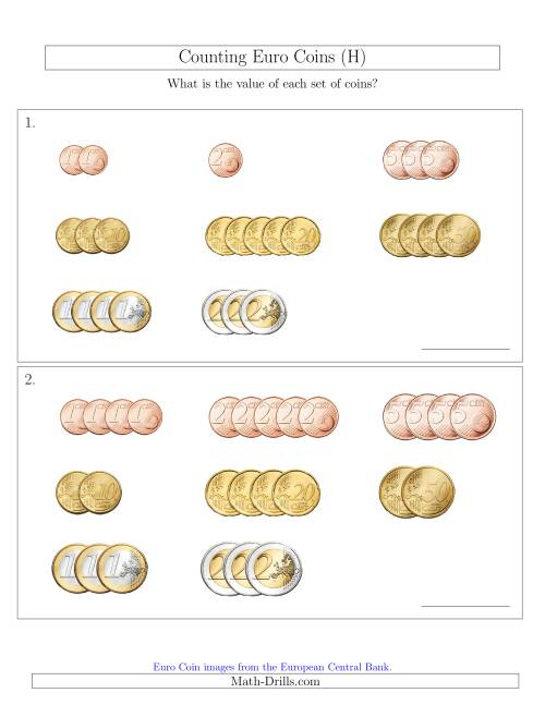 The Counting Small Collections of Euro Coins Sorted Version (H) Math Worksheet