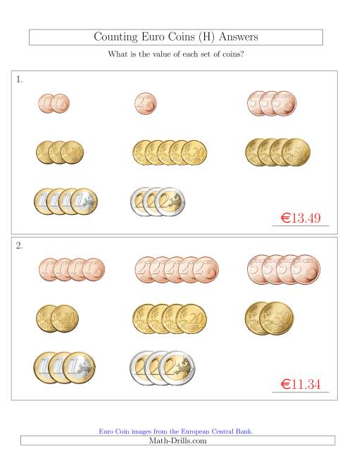 The Counting Small Collections of Euro Coins Sorted Version (H) Math Worksheet Page 2
