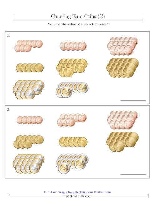 The Counting Euro Coins Sorted Version (C) Math Worksheet