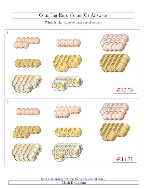 The Counting Euro Coins Sorted Version (C) Math Worksheet Page 2