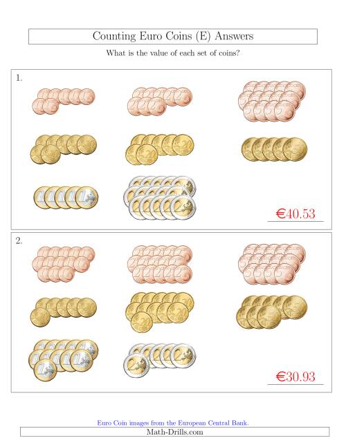The Counting Euro Coins Sorted Version (E) Math Worksheet Page 2
