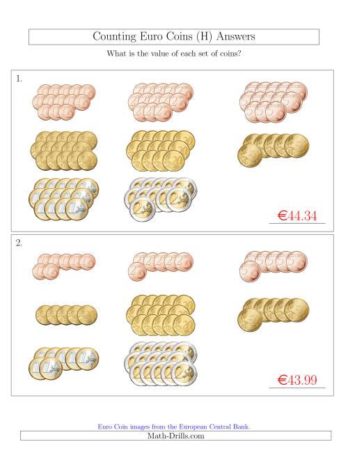 The Counting Euro Coins Sorted Version (H) Math Worksheet Page 2