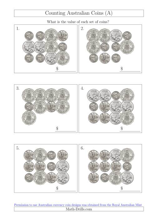 The Counting Australian Coins Without Dollar Coins (All) Math Worksheet
