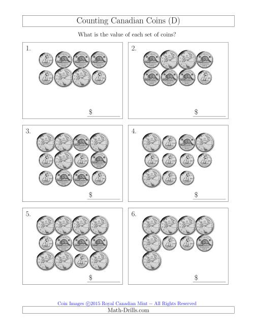 The Counting Canadian Coins Without Dollar Coins (D) Math Worksheet