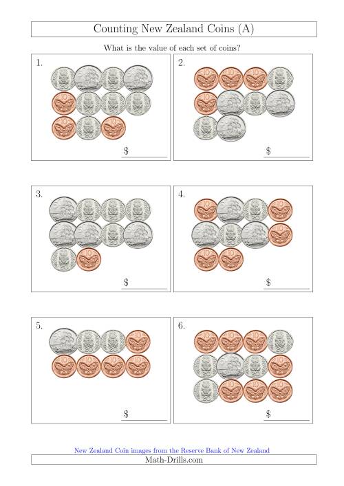 The Counting New Zealand Coins (No Dollars) (All) Math Worksheet