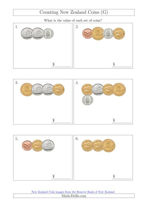 The Counting Small Collections of New Zealand Coins (G) Math Worksheet