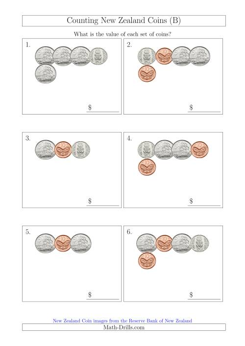 The Counting Small Collections of New Zealand Coins (No Dollars) (B) Math Worksheet