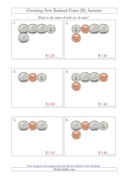 The Counting Small Collections of New Zealand Coins (No Dollars) (B) Math Worksheet Page 2