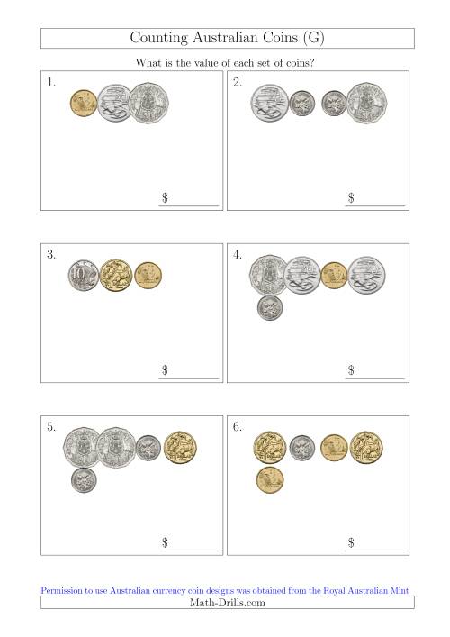 The Counting Small Collections of Australian Coins (G) Math Worksheet