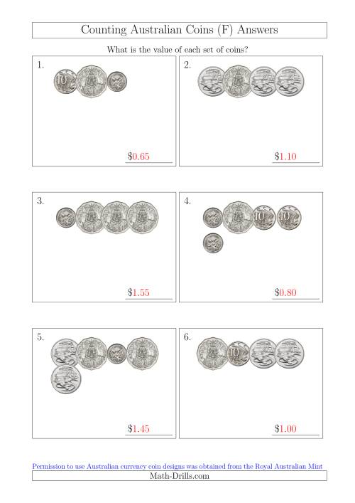 The Counting Small Collections of Australian Coins Without Dollar Coins (F) Math Worksheet Page 2