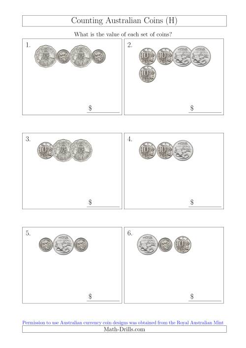 The Counting Small Collections of Australian Coins Without Dollar Coins (H) Math Worksheet