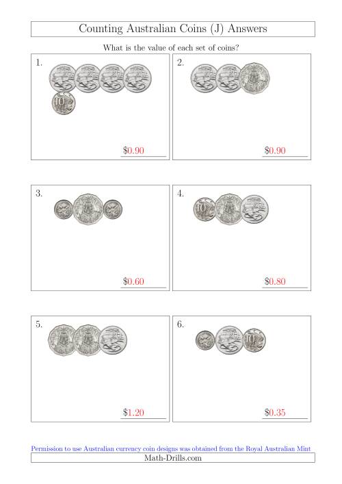 The Counting Small Collections of Australian Coins Without Dollar Coins (J) Math Worksheet Page 2