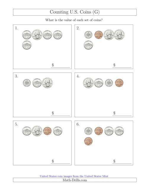 The Counting Small Collections of U.S. Coins (G) Math Worksheet