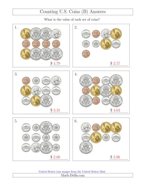 The Counting U.S. Coins Including Half and One Dollar Coins (B) Math Worksheet Page 2