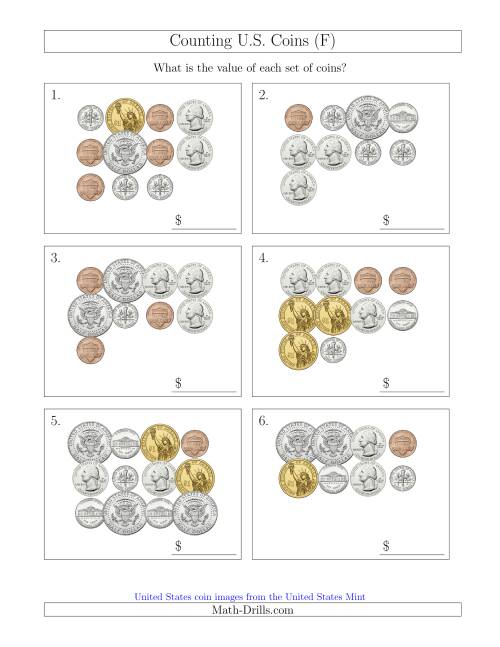 The Counting U.S. Coins Including Half and One Dollar Coins (F) Math Worksheet