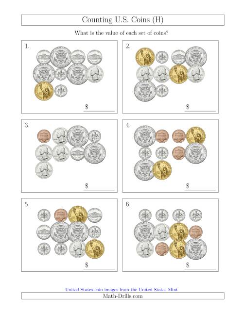 The Counting U.S. Coins Including Half and One Dollar Coins (H) Math Worksheet