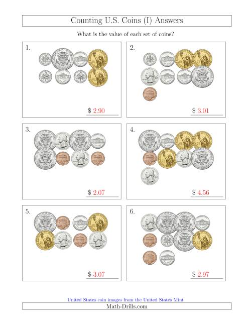 The Counting U.S. Coins Including Half and One Dollar Coins (I) Math Worksheet Page 2