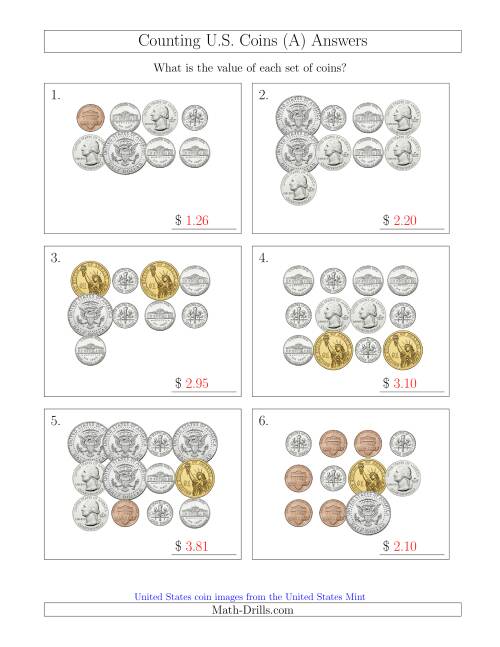 The Counting U.S. Coins Including Half and One Dollar Coins (All) Math Worksheet Page 2