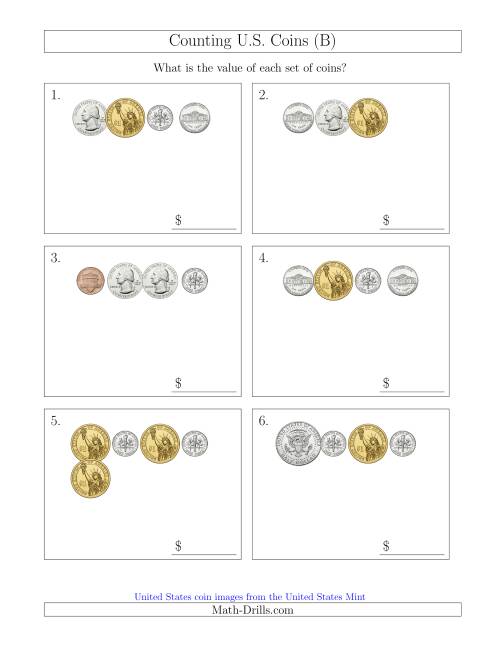 The Counting Small Collections of U.S. Coins Including Half and One Dollar Coins (B) Math Worksheet