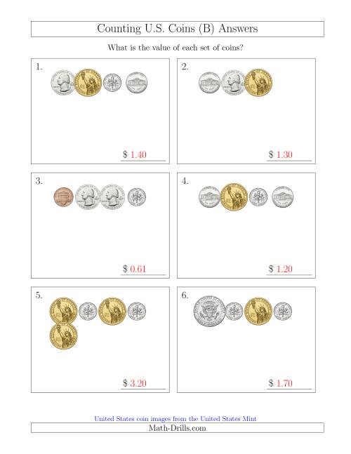 The Counting Small Collections of U.S. Coins Including Half and One Dollar Coins (B) Math Worksheet Page 2