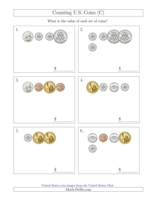The Counting Small Collections of U.S. Coins Including Half and One Dollar Coins (C) Math Worksheet