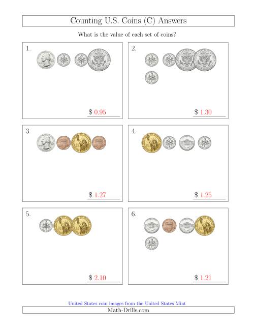 The Counting Small Collections of U.S. Coins Including Half and One Dollar Coins (C) Math Worksheet Page 2