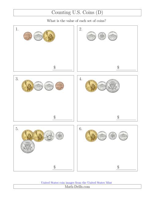 The Counting Small Collections of U.S. Coins Including Half and One Dollar Coins (D) Math Worksheet