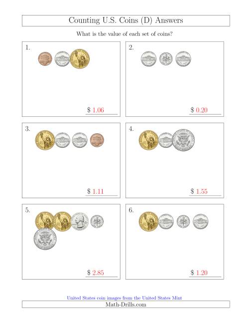The Counting Small Collections of U.S. Coins Including Half and One Dollar Coins (D) Math Worksheet Page 2