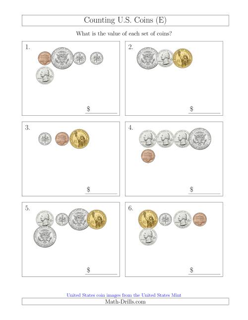 The Counting Small Collections of U.S. Coins Including Half and One Dollar Coins (E) Math Worksheet