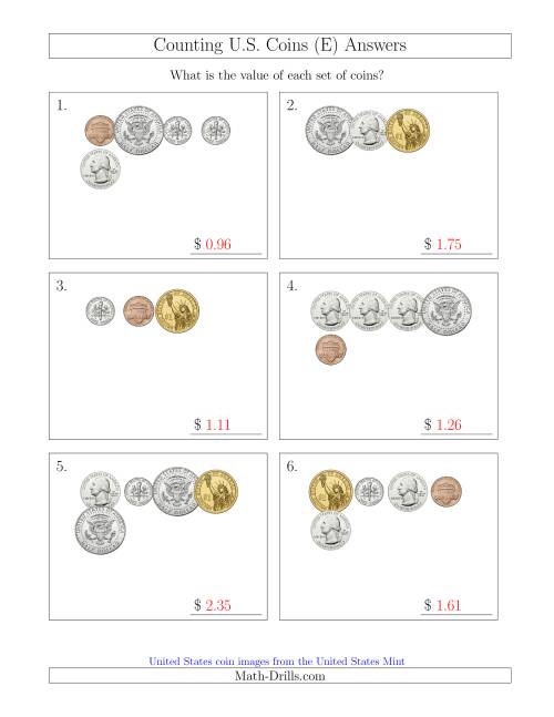 The Counting Small Collections of U.S. Coins Including Half and One Dollar Coins (E) Math Worksheet Page 2