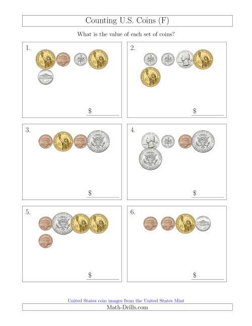 The Counting Small Collections of U.S. Coins Including Half and One Dollar Coins (F) Math Worksheet