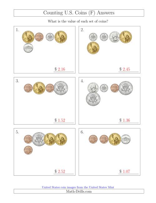 The Counting Small Collections of U.S. Coins Including Half and One Dollar Coins (F) Math Worksheet Page 2