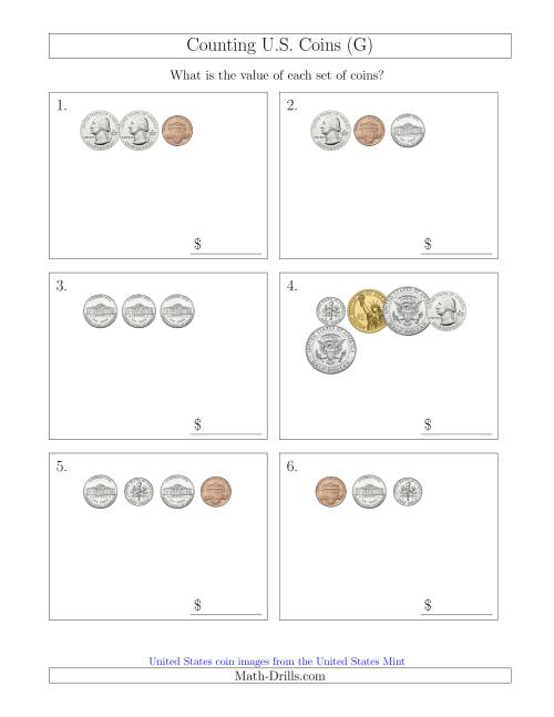 The Counting Small Collections of U.S. Coins Including Half and One Dollar Coins (G) Math Worksheet