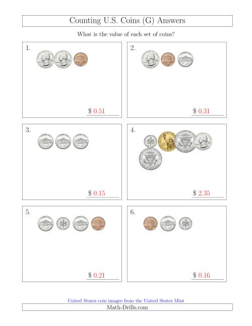 The Counting Small Collections of U.S. Coins Including Half and One Dollar Coins (G) Math Worksheet Page 2