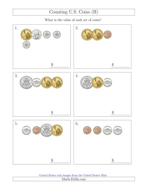 The Counting Small Collections of U.S. Coins Including Half and One Dollar Coins (H) Math Worksheet