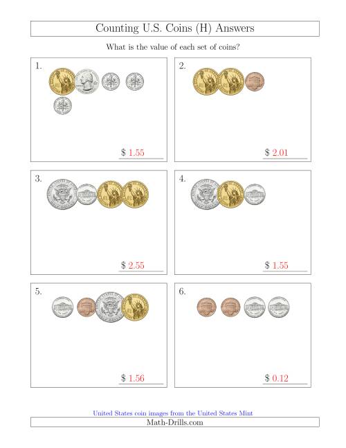 The Counting Small Collections of U.S. Coins Including Half and One Dollar Coins (H) Math Worksheet Page 2