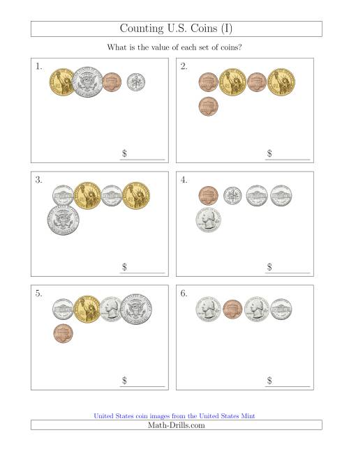 The Counting Small Collections of U.S. Coins Including Half and One Dollar Coins (I) Math Worksheet