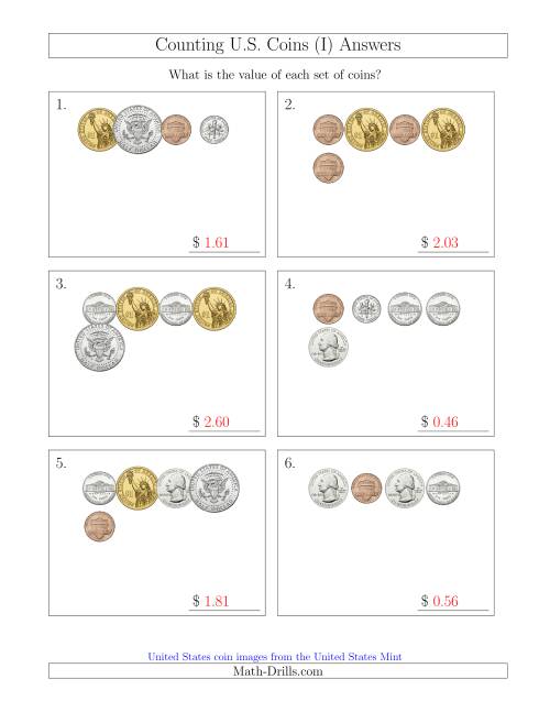 The Counting Small Collections of U.S. Coins Including Half and One Dollar Coins (I) Math Worksheet Page 2