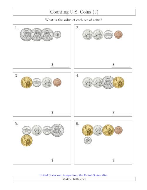 The Counting Small Collections of U.S. Coins Including Half and One Dollar Coins (J) Math Worksheet
