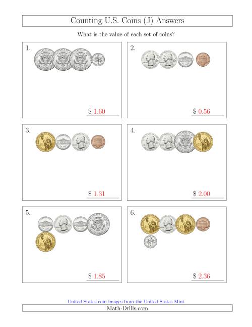The Counting Small Collections of U.S. Coins Including Half and One Dollar Coins (J) Math Worksheet Page 2