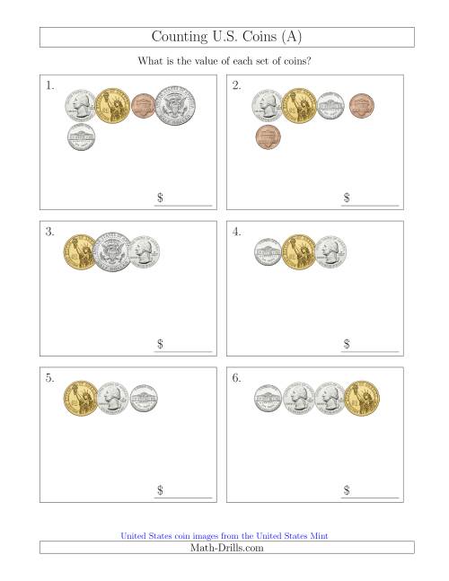 The Counting Small Collections of U.S. Coins Including Half and One Dollar Coins (All) Math Worksheet