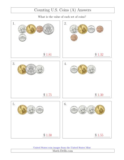 The Counting Small Collections of U.S. Coins Including Half and One Dollar Coins (All) Math Worksheet Page 2
