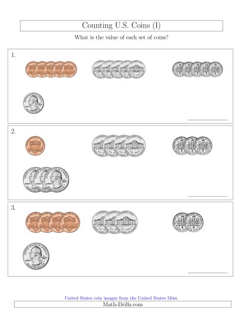 The Counting Small Collections of U.S. Coins Sorted Version (I) Math Worksheet