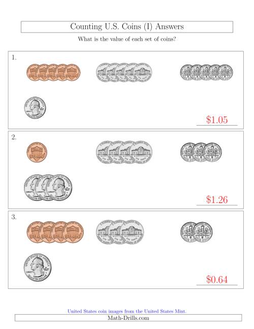 The Counting Small Collections of U.S. Coins Sorted Version (I) Math Worksheet Page 2
