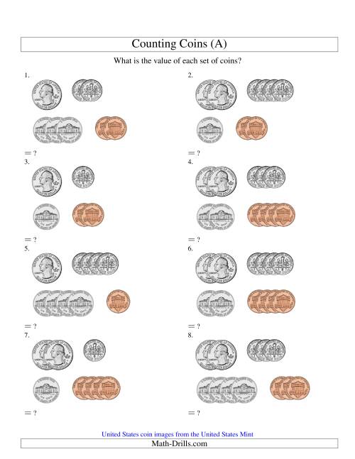 The Counting U.S. Coins -- Small Collections Sorted Version (Old) Math Worksheet