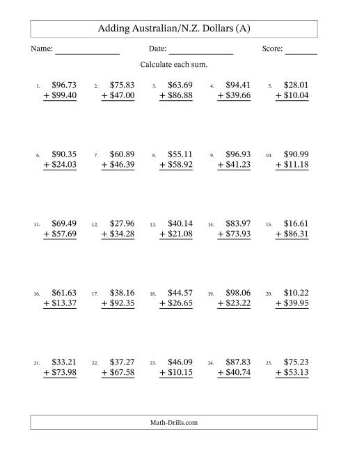 The Adding Australian/N.Z. Dollars With Amounts from 10.00 to 99.99 in Increments of One Cent (A) Math Worksheet